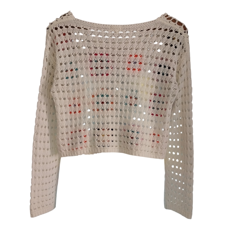 Debut Open Weave White Colorful Knit Cropped Pullover Top Size M Hippie Festival - Picture 9 of 9